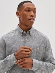 Grey Regular Fit Linen Blend Long Sleeve Shirt - Image 3 of 4