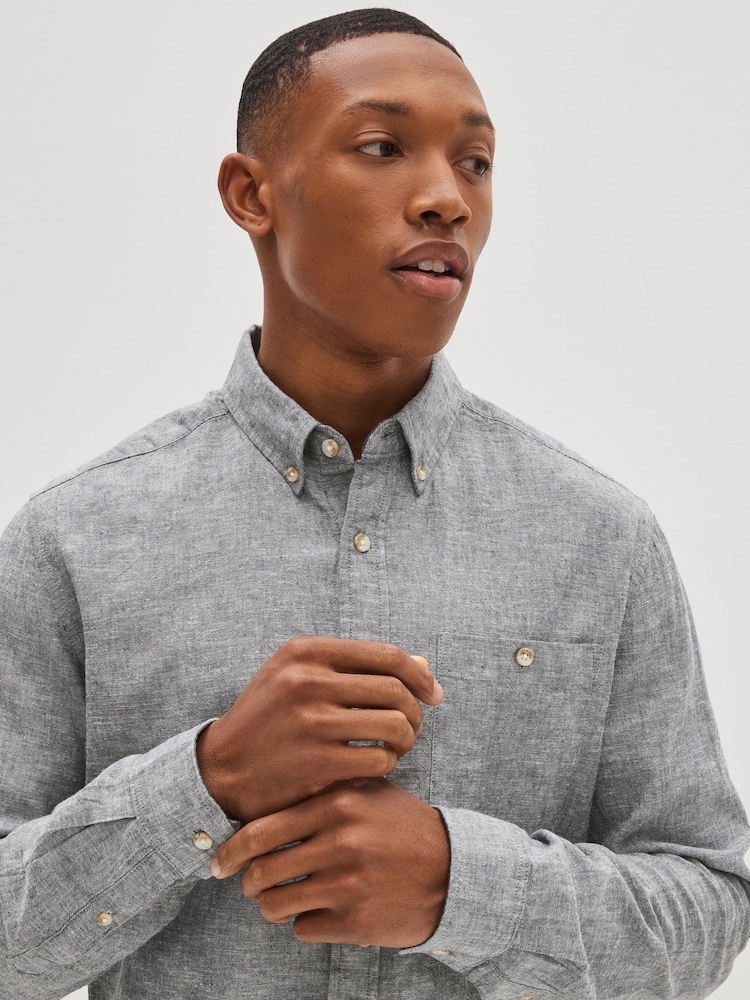 Grey Regular Fit Linen Blend Long Sleeve Shirt - Image 3 of 4