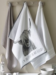 Set of 3 Grey 100% Cotton Hamish The Highland Cow Tea Towels - Image 1 of 3
