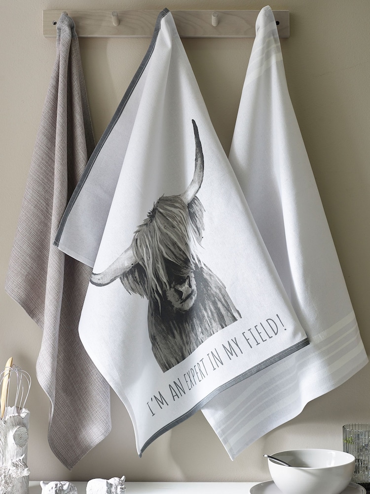 Set of 3 Grey 100% Cotton Hamish The Highland Cow Tea Towels - Image 1 of 3