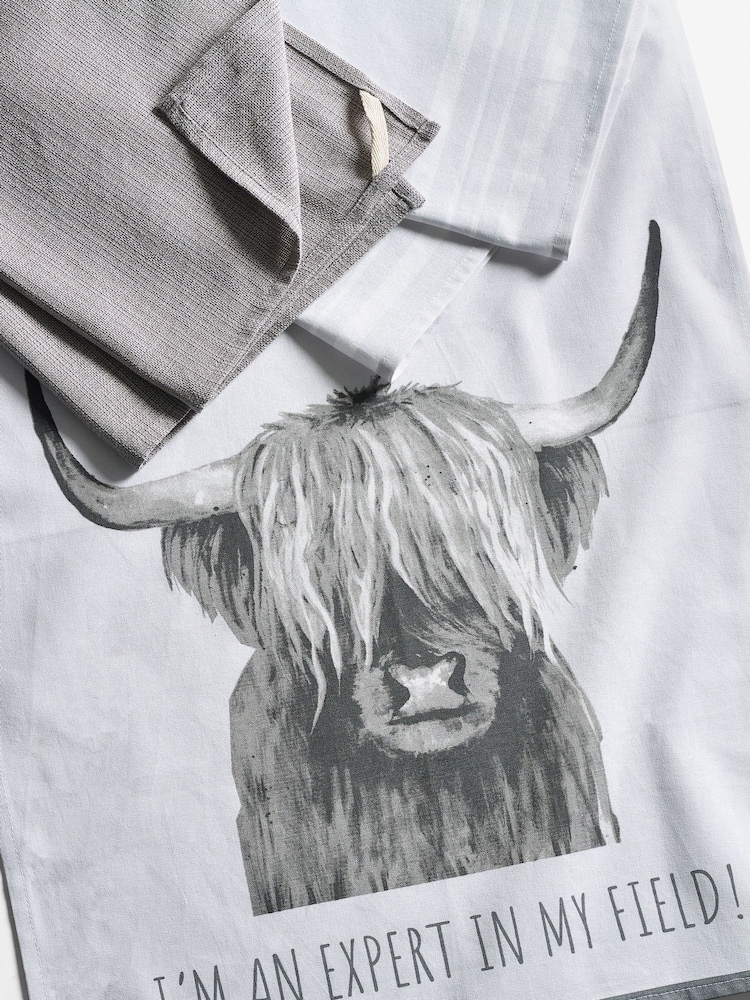 Set of 3 Grey 100% Cotton Hamish The Highland Cow Tea Towels - Image 2 of 3