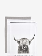 Set of 3 Grey 100% Cotton Hamish The Highland Cow Tea Towels - Image 3 of 3