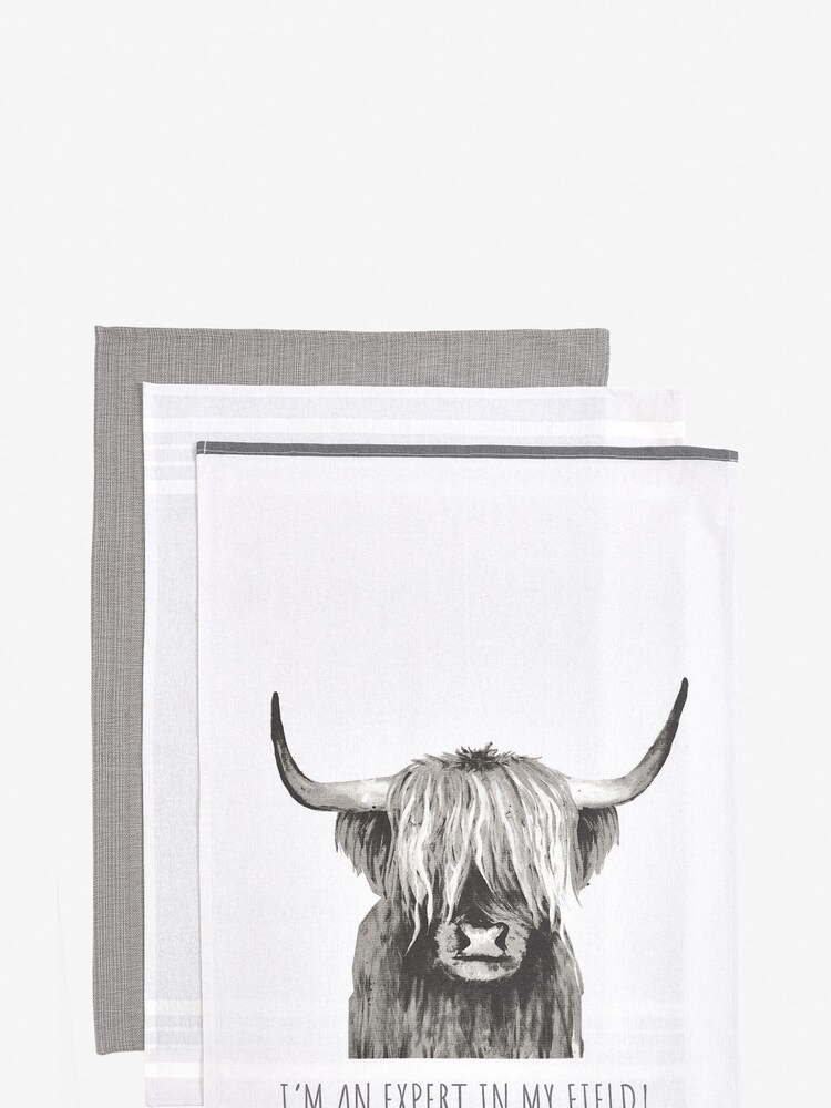 Set of 3 Grey 100% Cotton Hamish The Highland Cow Tea Towels - Image 3 of 3