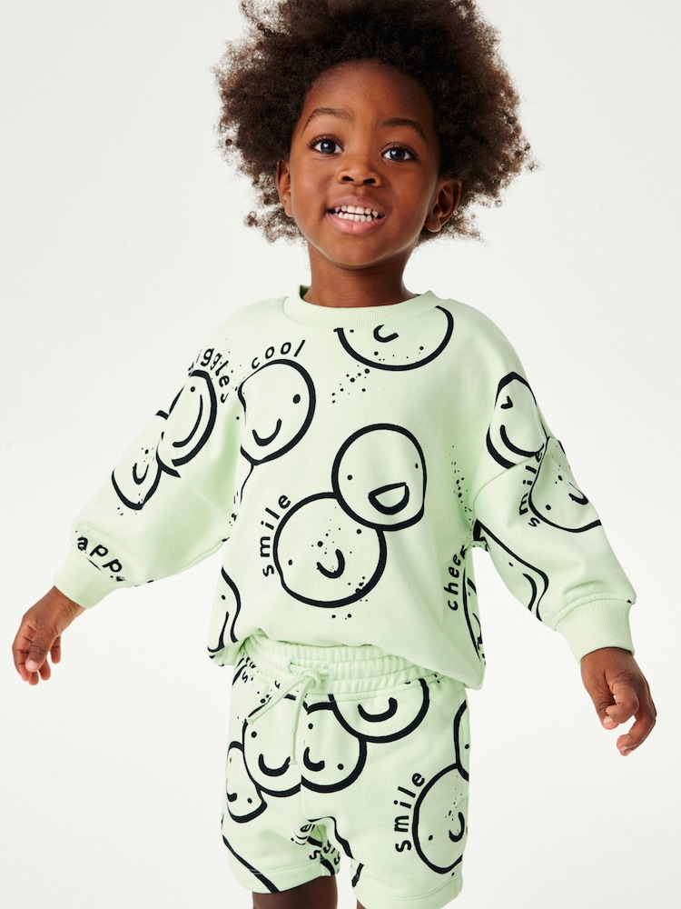 Lime Green Smile All Over Print Sweatshirt and Shorts Set (3mths-7yrs) - Image 2 of 5