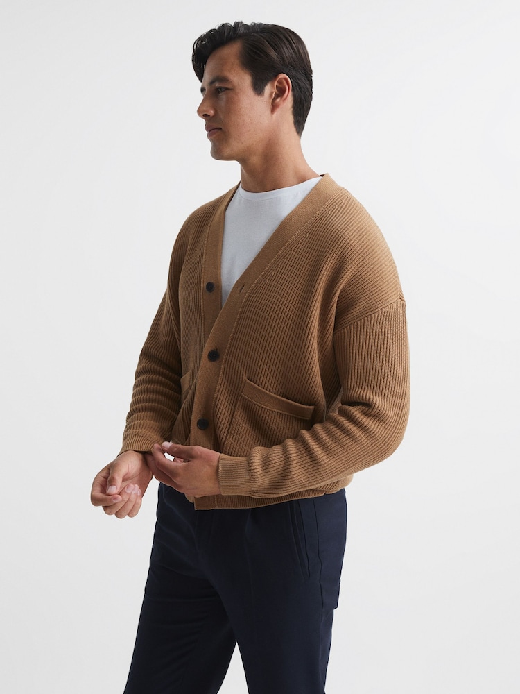 Reiss Camel Bardot Chunky Knit Ribbed Cardigan - Image 1 of 6