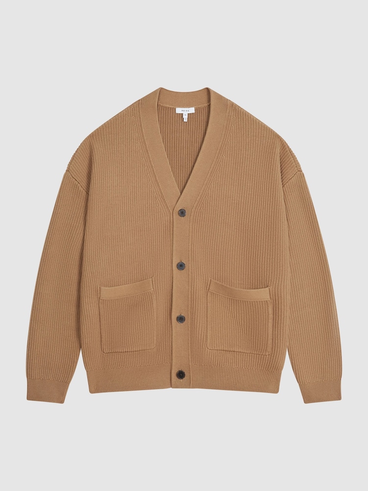 Reiss Camel Bardot Chunky Knit Ribbed Cardigan - Image 2 of 6