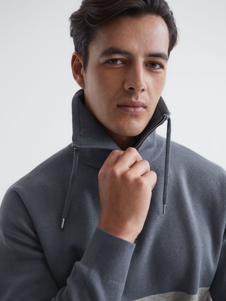 Reiss Airforce Blue Sabre Half Zip Funnel Neck Colourblock Jumper - Image 6 of 6