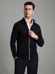 Reiss Black Hampshire Merino Wool Zip-Through Cardigan - Image 1 of 6
