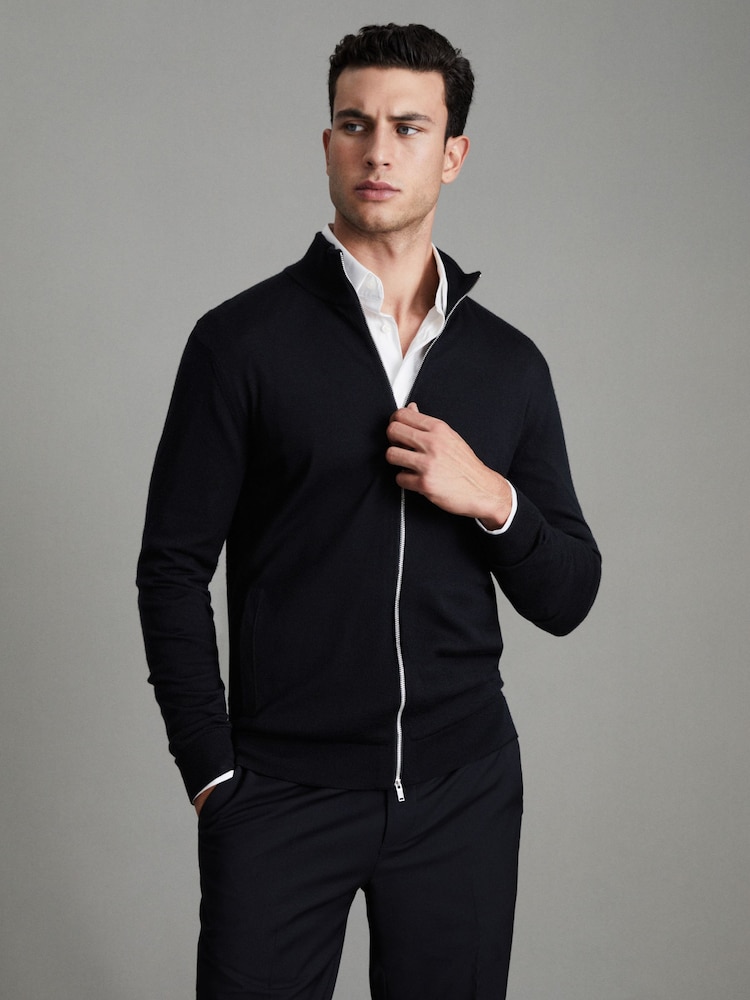 Reiss Black Hampshire Merino Wool Zip-Through Cardigan - Image 1 of 6