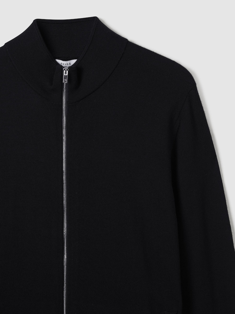 Reiss Black Hampshire Merino Wool Zip-Through Cardigan - Image 5 of 6