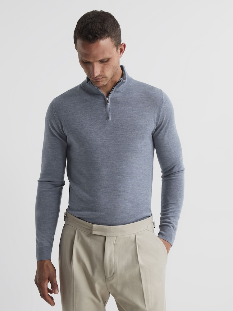 Reiss Denim Melange Blackhall Merino Wool Zip Neck Jumper - Image 1 of 5