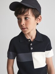 Reiss Navy Primo Senior Press Stud Colourblock Polo T-Shirt - Image 1 of 7