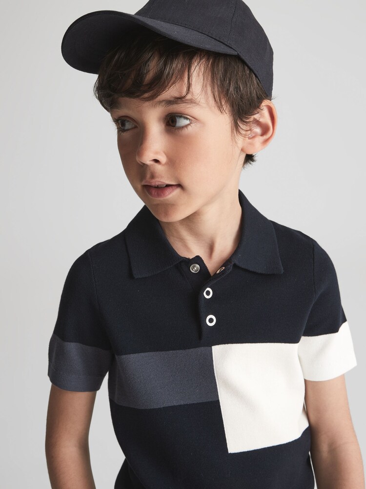 Reiss Navy Primo Senior Press Stud Colourblock Polo T-Shirt - Image 1 of 7