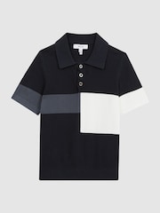 Reiss Navy Primo Senior Press Stud Colourblock Polo T-Shirt - Image 2 of 7