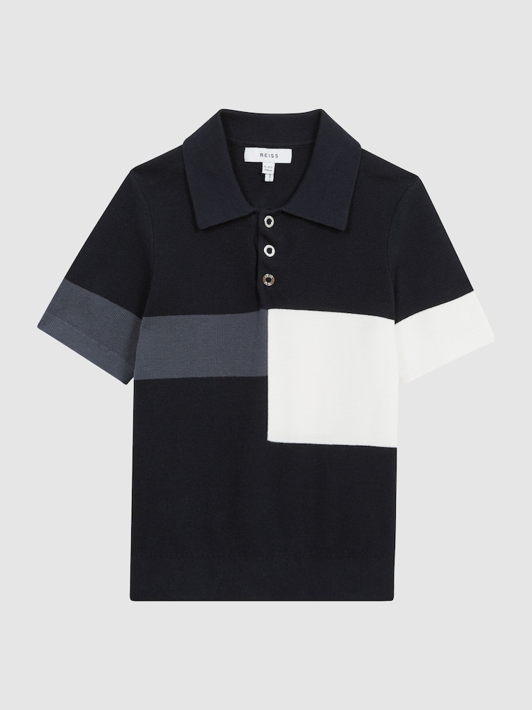 Reiss Navy Primo Senior Press Stud Colourblock Polo T-Shirt - Image 2 of 7