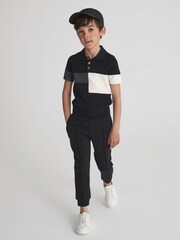 Reiss Navy Primo Senior Press Stud Colourblock Polo T-Shirt - Image 3 of 7