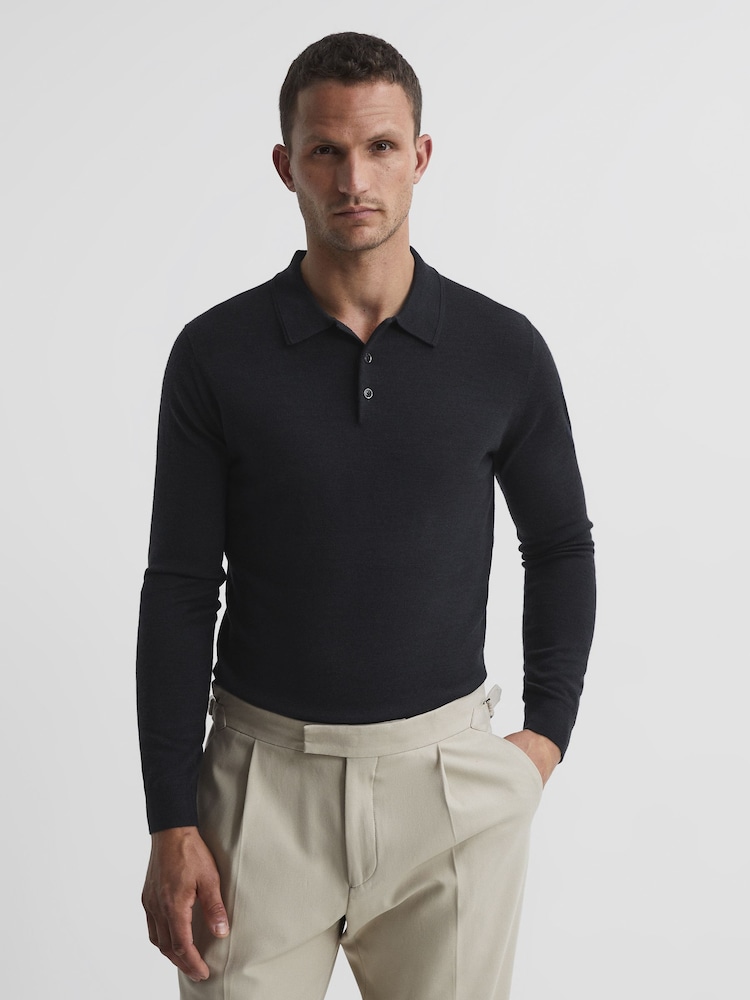 Reiss Slate Trafford Merino Wool Polo Shirt - Image 1 of 5