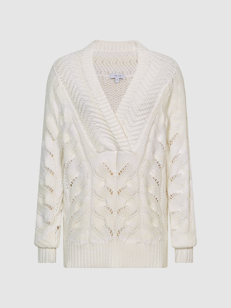 Reiss Ivory Claudine Cable Knit Shawl Neck Jumper - Image 2 of 7