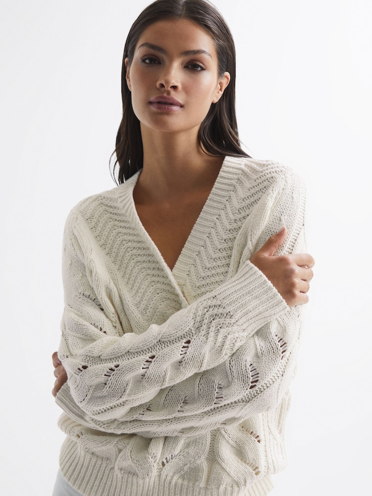 Reiss Ivory Claudine Cable Knit Shawl Neck Jumper - Image 7 of 7
