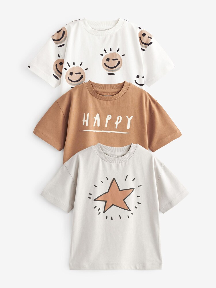 Tan Brown/Ecru Cream Short Sleeve Character T-Shirts 3 Pack (3mths-7yrs) - Image 1 of 2