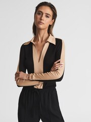 Reiss Black/Camel Alarna Colourblock Collared Jersey Top - Image 1 of 7