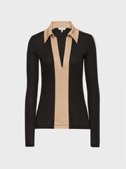 Reiss Black/Camel Alarna Colourblock Collared Jersey Top - Image 2 of 7