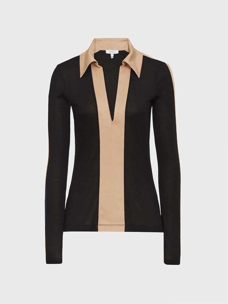 Reiss Black/Camel Alarna Colourblock Collared Jersey Top - Image 2 of 7
