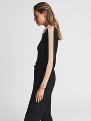 Reiss Black/Camel Alarna Colourblock Collared Jersey Top - Image 6 of 7
