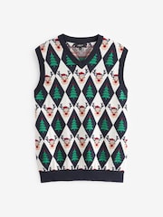 Navy/White Reindeer Argyle Tank Crew Neck Regular Knitted Christmas Jumper - Image 1 of 5