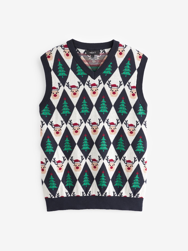 Navy/White Reindeer Argyle Tank Crew Neck Regular Knitted Christmas Jumper - Image 1 of 5