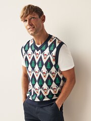 Navy/White Reindeer Argyle Tank Crew Neck Regular Knitted Christmas Jumper - Image 2 of 5