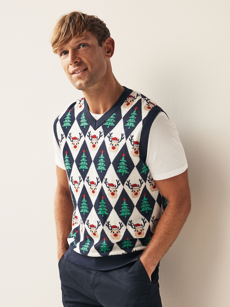 Navy/White Reindeer Argyle Tank Crew Neck Regular Knitted Christmas Jumper - Image 2 of 5