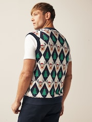 Navy/White Reindeer Argyle Tank Crew Neck Regular Knitted Christmas Jumper - Image 3 of 5