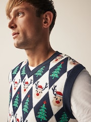 Navy/White Reindeer Argyle Tank Crew Neck Regular Knitted Christmas Jumper - Image 5 of 5