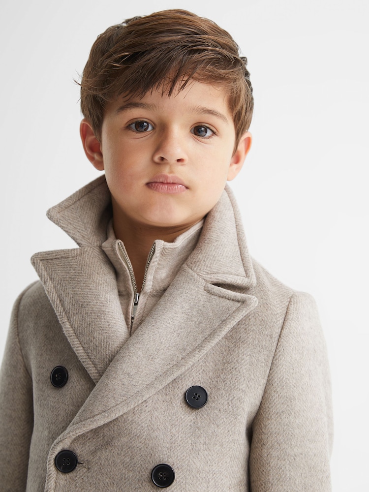 Reiss Oatmeal Bergamo Wool Blend Herringbone Peacoat - Image 1 of 1