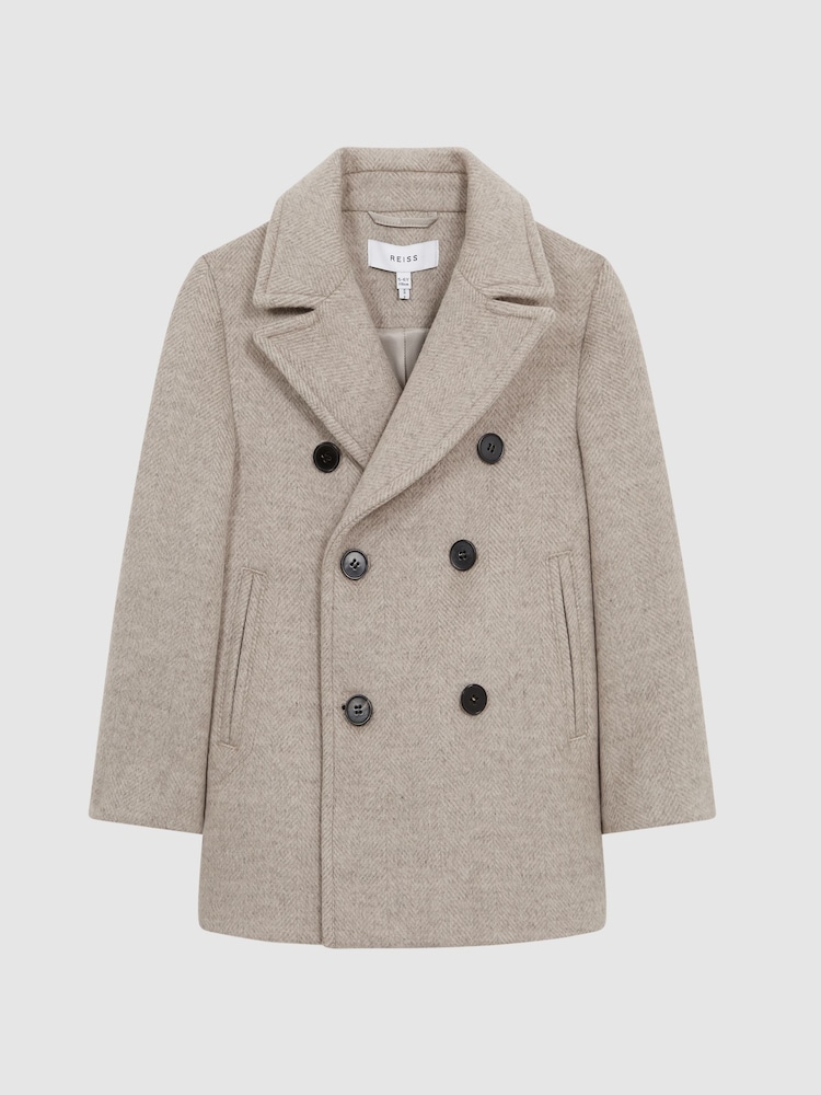 Reiss Oatmeal Bergamo Wool Blend Herringbone Peacoat - Image 2 of 5 Reiss Oatmeal Bergamo Wool Blend Herringbone Peacoat - Image 2 of 5
