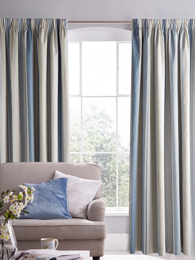 Laura Ashley Seaspray Blue 100% Cotton Awning Stripe Blackout/Thermal Pencil Pleat Curtains - Image 1 of 2