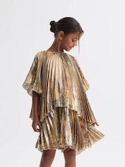 Reiss Gold Rhea Metallic Pleated Tiered Dress - Image 1 of 6