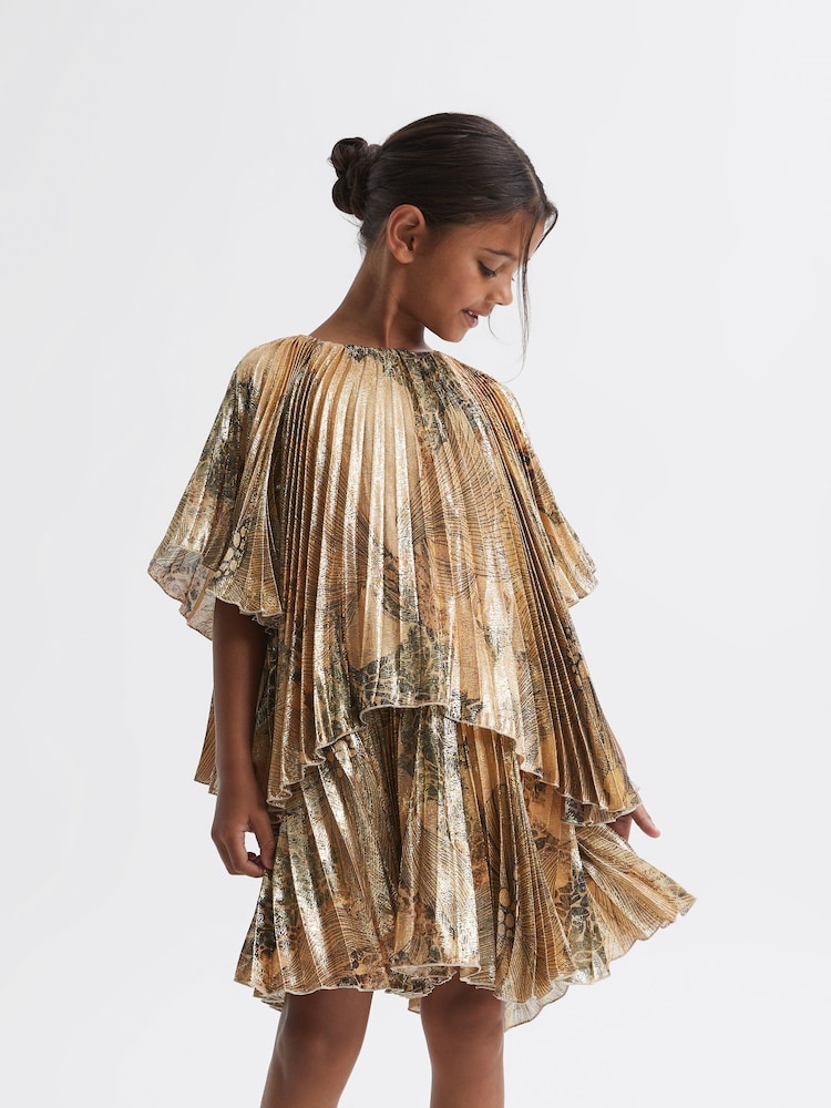Reiss Gold Rhea Metallic Pleated Tiered Dress - Image 1 of 6