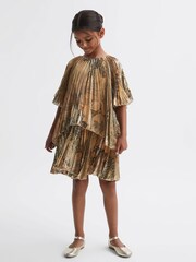 Reiss Gold Rhea Metallic Pleated Tiered Dress - Image 3 of 6