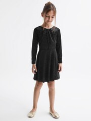 Reiss Black Gweneth Junior Velour Sparkly Flared Dress - Image 1 of 5