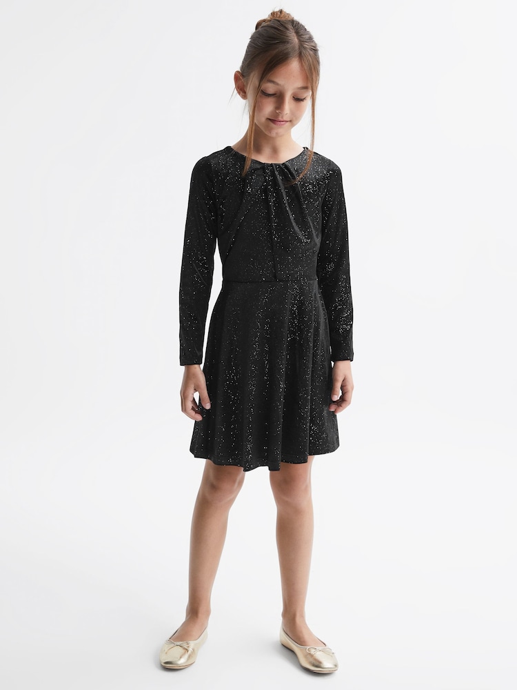 Reiss Black Gweneth Junior Velour Sparkly Flared Dress - Image 1 of 5