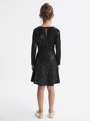 Reiss Black Gweneth Junior Velour Sparkly Flared Dress - Image 4 of 5