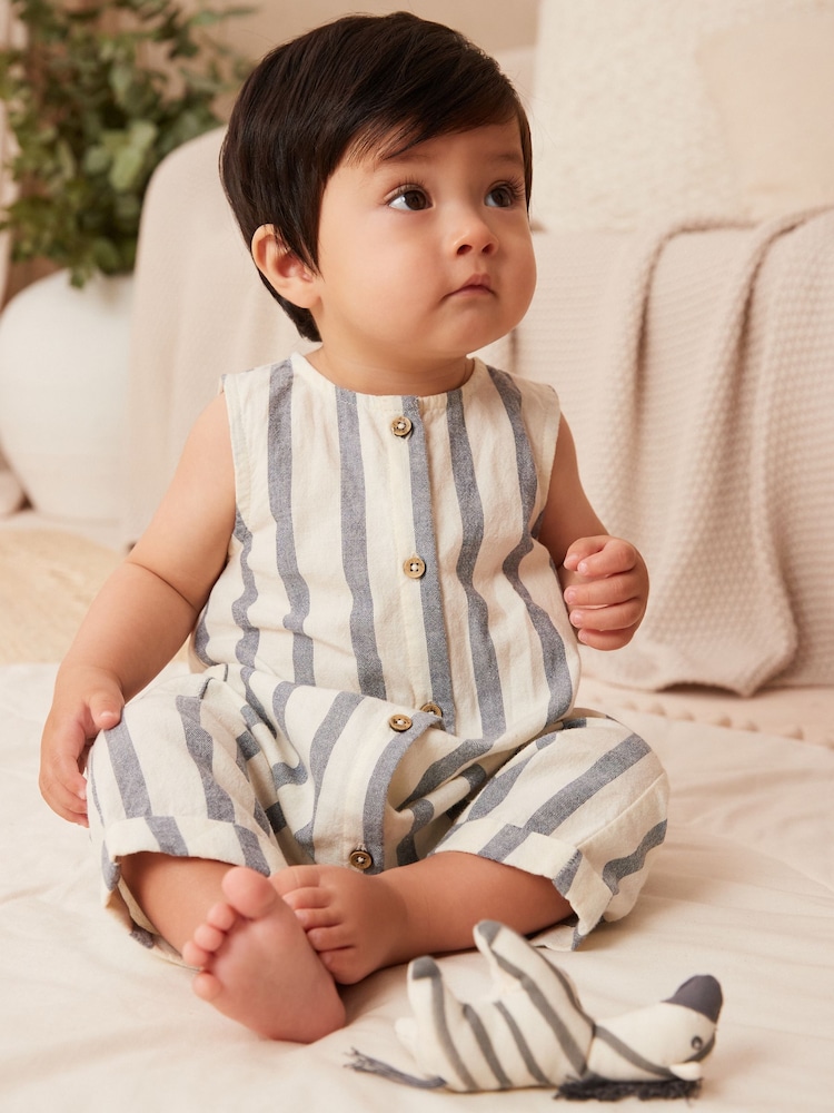 Grey/White Stripe Woven Baby Romper (0mths-2yrs) - Image 1 of 9