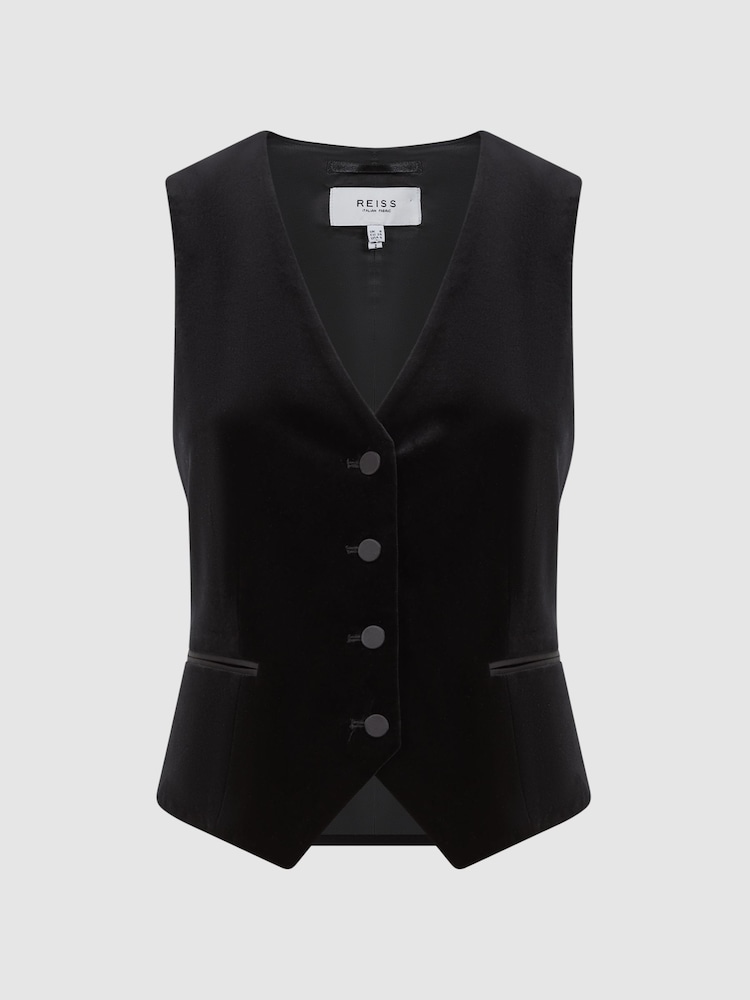 Reiss Black Opal Fitted Velvet Suit Waistcoat - Image 1 of 5 Reiss Black Opal Fitted Velvet Suit Waistcoat - Image 1 of 5