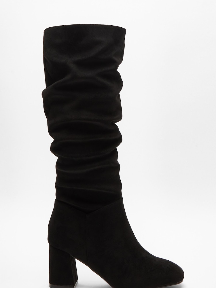 Quiz Black Ruched Block Heel Knee High Boots - Image 1 of 5