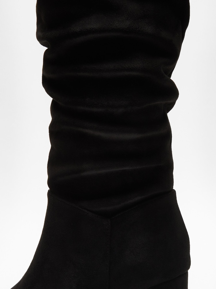 Quiz Black Ruched Block Heel Knee High Boots - Image 5 of 5