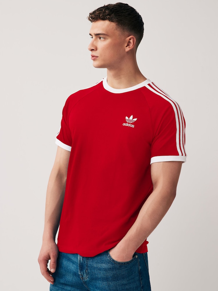 adidas Red Adicolor Classics 3-Stripes 100% Cotton T-Shirt - Image 1 of 4 adidas Red Adicolor Classics 3-Stripes 100% Cotton T-Shirt - Image 1 of 4