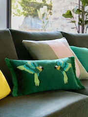 Bright Green Velvet Beaded Parrot Oblong Cushion - Image 1 of 7