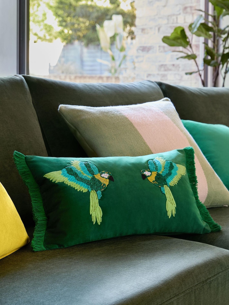 Bright Green Velvet Beaded Parrot Oblong Cushion - Image 1 of 7